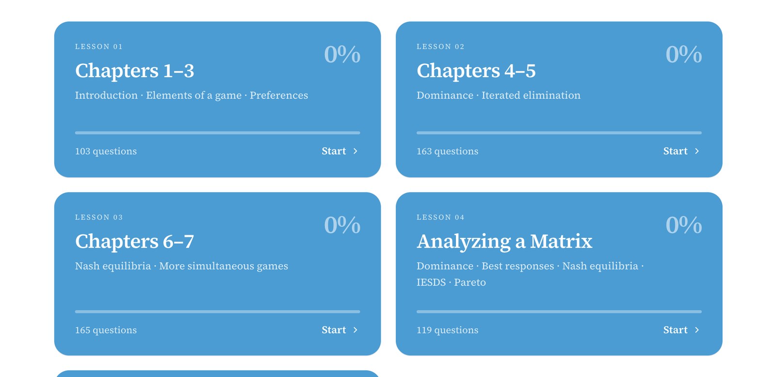Kachieve class page for ECON 384 showing four lesson cards with question counts