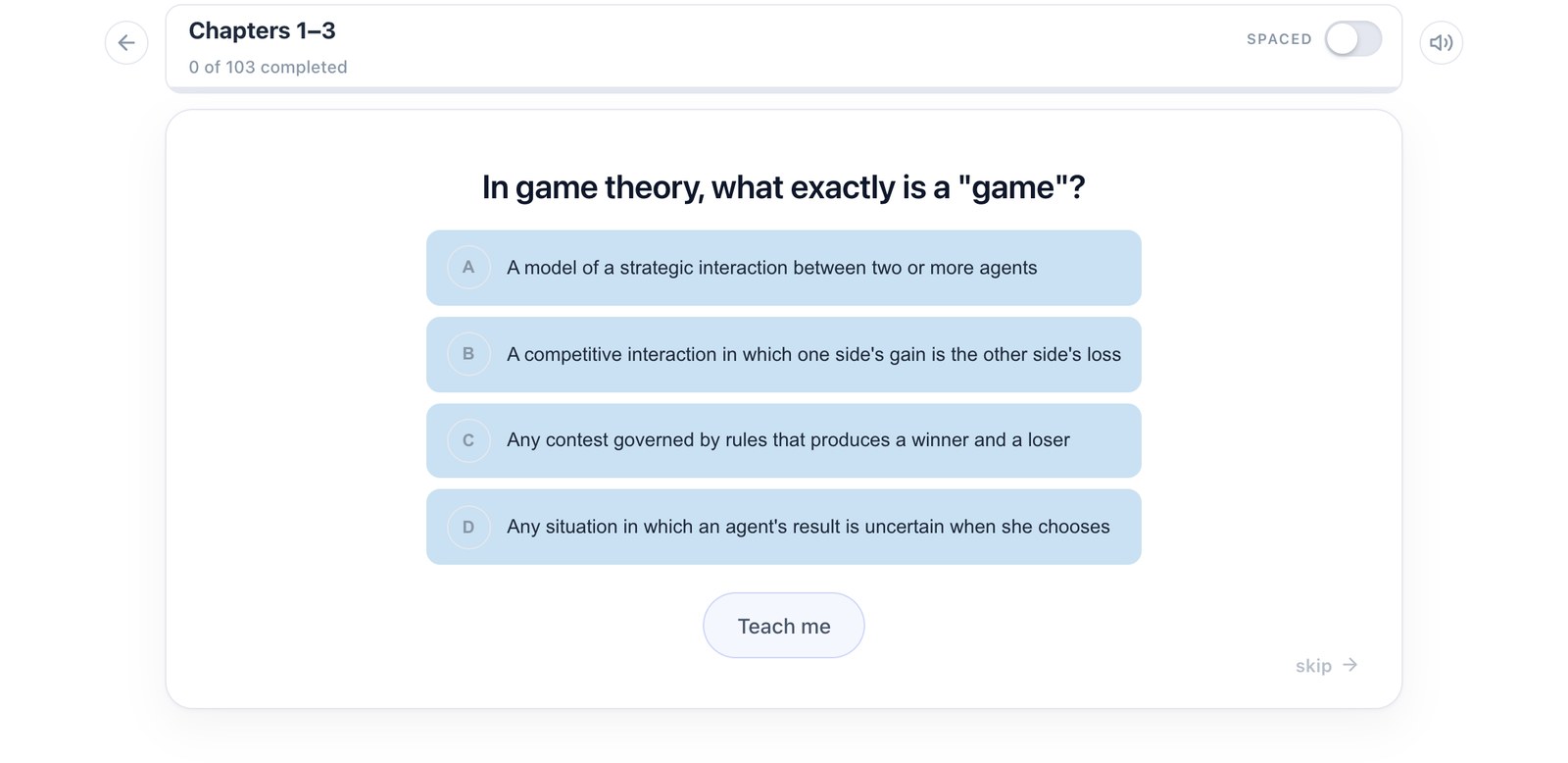 A multiple-choice game theory question with a Teach me button beneath it